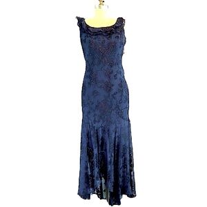 Vintage Alex Evenings blue sleeveless ruffle neckline deep V back High Low Dress